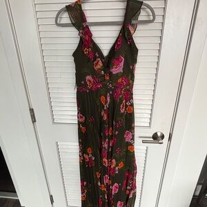 Olive Floral V-Neck Maxi Dress with Pink & Orange Blooms